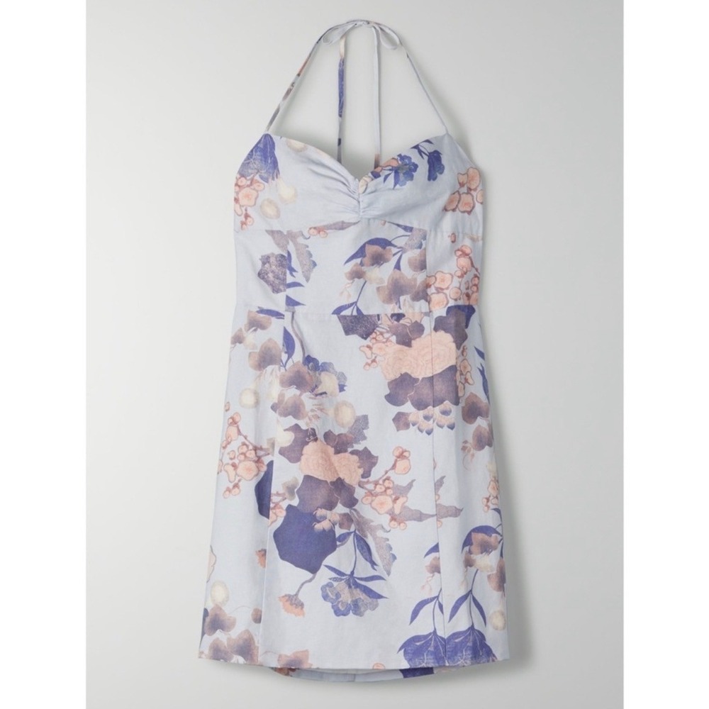 Aritzia Sunday Best Freya Dress Halter Mini Floral Linen Cotton Purple Large
